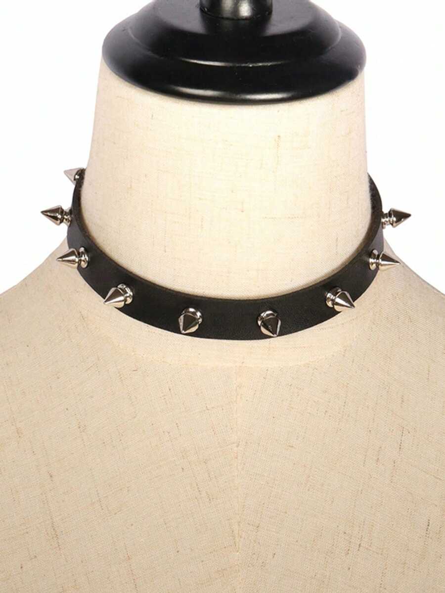 1pc Gothic Style Rivet Dark Punk Leather Personalized Black Choker Necklace For Women Party Halloween Rock Music Festival