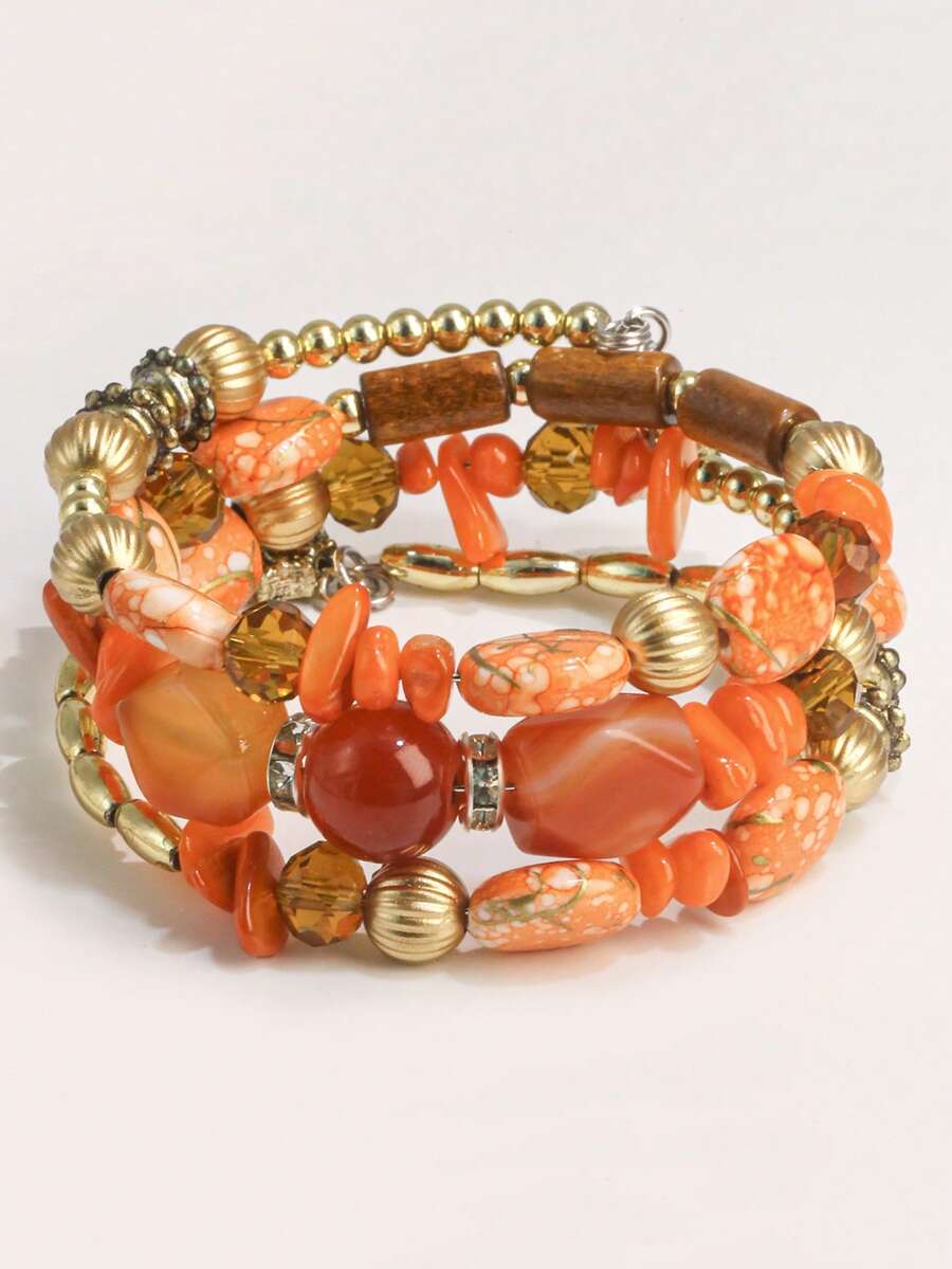 Gelang Batu Warna-warni Gaya Bohemian untuk Wanita, Gelang Manik-Manik Berlapis, Aksesori Liburan - Oranye - View 1
