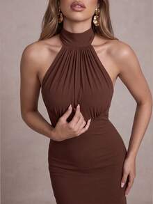 COLYSMO Women's Brown Halter Neck Mermaid Long Dress, Pleated Mesh Backless Fitted Mermaid Evening Cocktail Wedding Guest Formal Gown - Brown - View 5