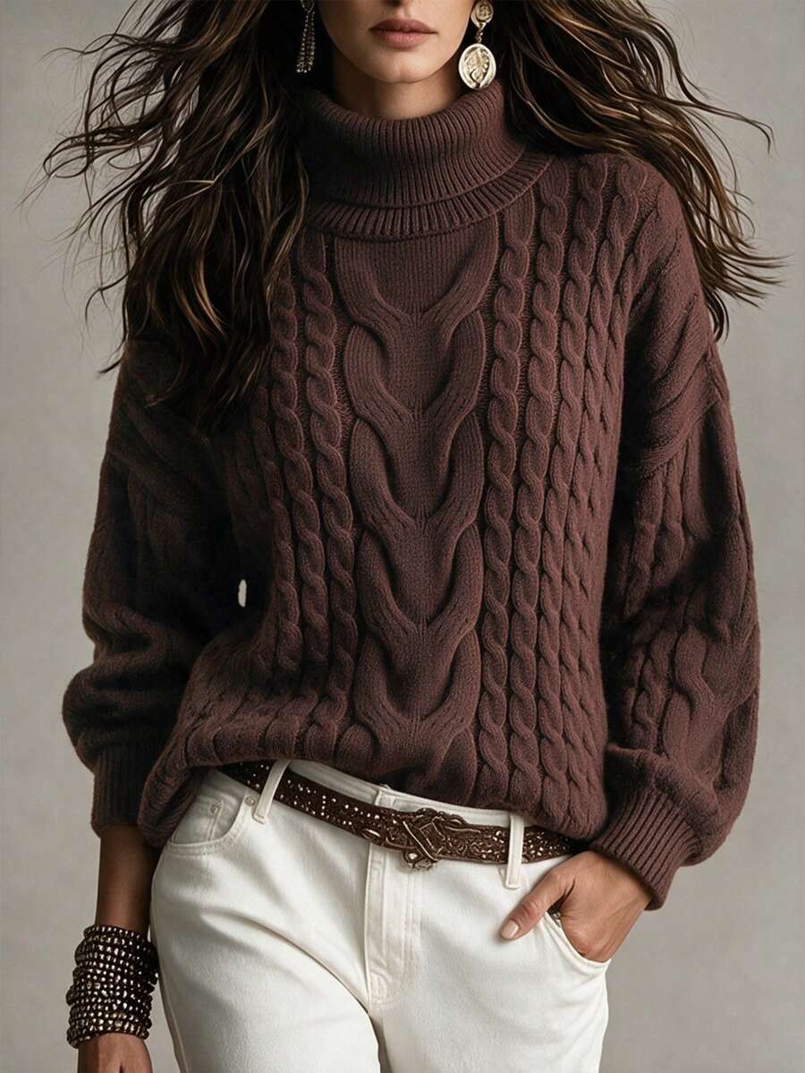 Women's Fall Winter Dark Brown Chunky Cable Knit Turtleneck Drop Shoulder Oversized Pullover Sweater, Vintage Cozy Warm Casual Wear - Coffee Brown - View 1