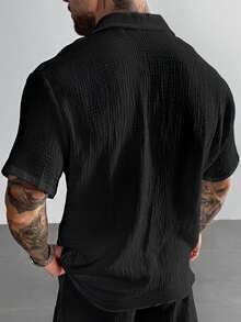 GloMan Old Money Men's Black/White 100% Pure Cotton Textured Wrinkled 2pcs Button Short Sleeve Shirts, Suitable For Autumn Vacation, Daily, Party, Halloween/Christmas, Father Style - Multicolor - View 5