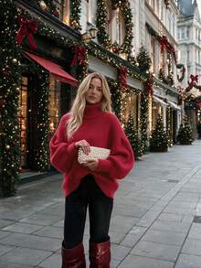 Women's Red Turtleneck Balloon Long Sleeve Ribbed Knit Oversized Pullover Sweater, Casual Cozy Fall Winter Daily Lounge Wear - Red - View 4