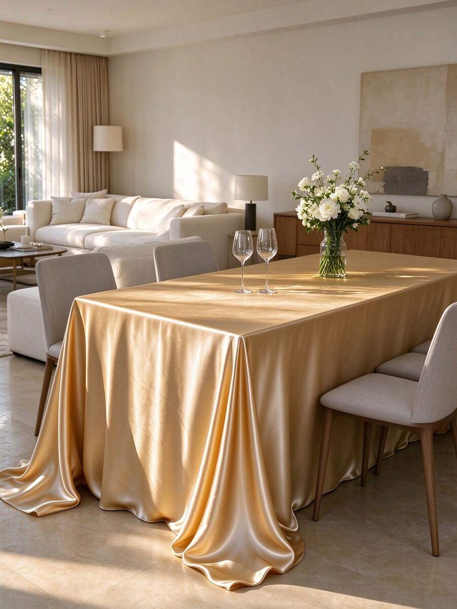 1pc Satin Tablecloth, Rectangular Sequin Silk Tablecloth, Smooth Fabric, Suitable For Wedding Banquet Party Events, Champagne Color, Room Decoration