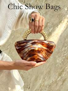 Light Luxury Gold Bead Handle Acrylic Hard Shell Bridal Evening Bag,Marble Pattern Asymmetrical Clutch,Fashion Handbag For Wedding Ceremony,Party - Coffee - View 2