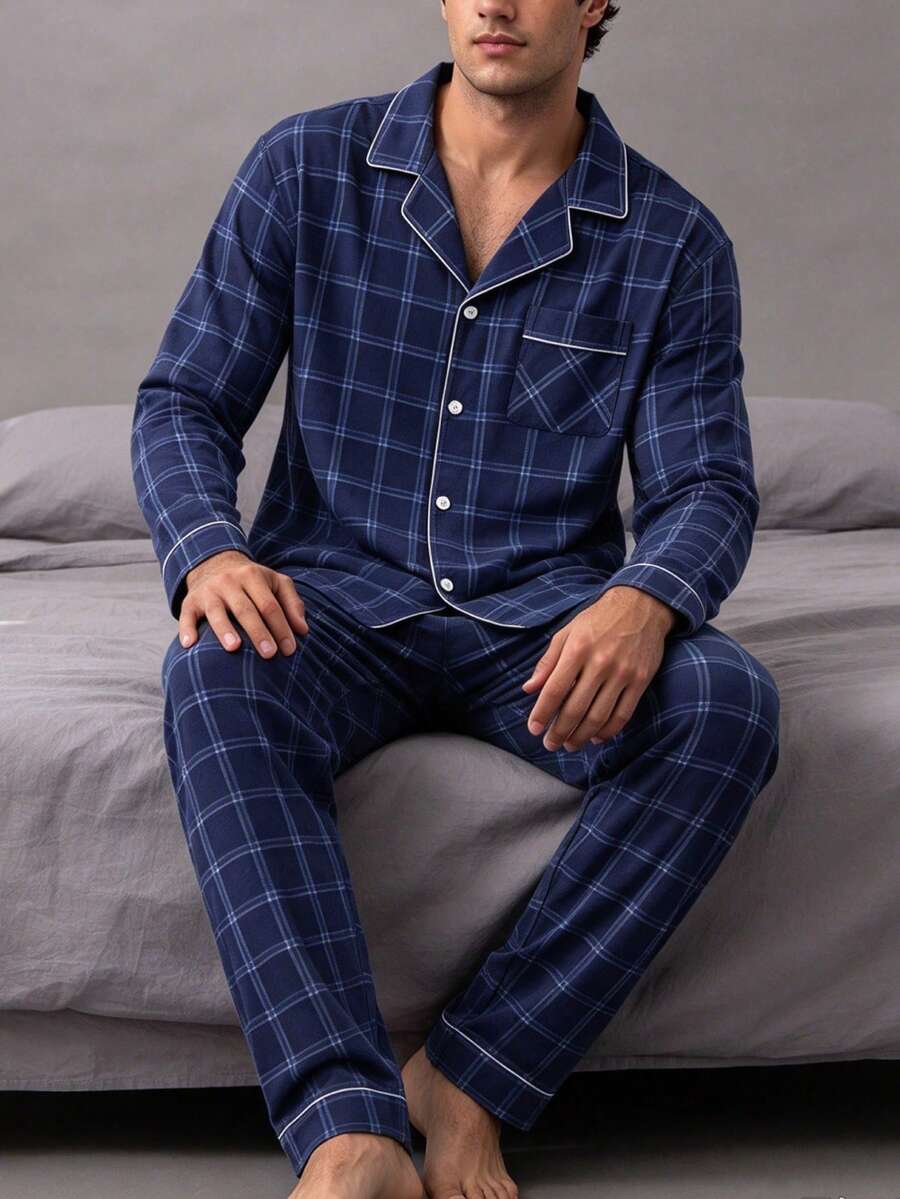 Men's Pajama Set, Spring/Autumn, Turn-Down Collar, Button, Pocket ...