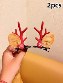2/4PCS Girls Christmas 3D Deer Horn & Mushroom Hair Clips, Sweet Cute Atmosphere Holiday Party Hair Accessories - Multicolor - View 10
