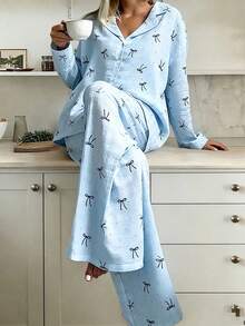 Nina Bonheur 2pcs/Set Women's Loose Comfortable Breathable Long Sleeve Top + Long Pants Cute Pajama Set - Blue - View 5