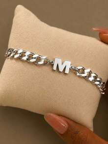1pc Men's Cuban Chain Stainless Steel Bracelet With Initial Letter, Non-Fading, Versatile Fashion Bracelet With Adjustable Chain - Letter Bracelet - View 2