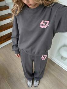 Youth Girl Letter Print Crew Neck Long Sleeve Top And Long Pants - Dark Grey - View 1