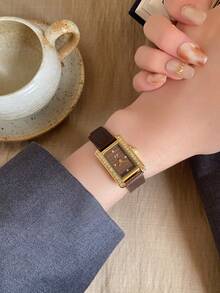 1pc Women's Quartz Watch – Coffee Brown, Rectangular Dial, Rhinestone Bezel – Suitable For Daily Wear And Office Attire - Coffee Brown - View 6