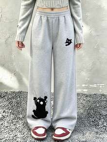 1pc Cute Girls Wide Leg Sweatpants, Climbing Cat & Casual Cat Pattern, Soft Casual Streetwear Long Pants - Grey - View 1