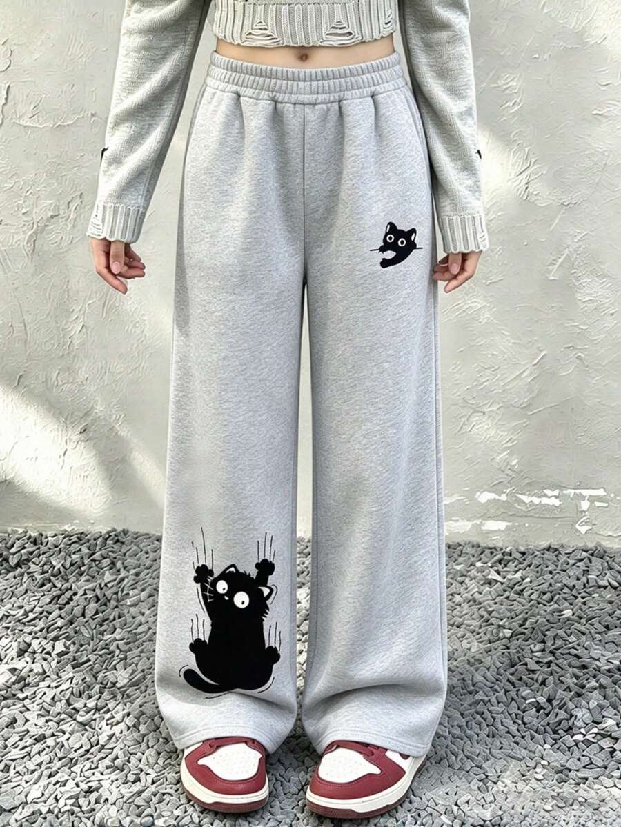 1pc Cute Girls Wide Leg Sweatpants, Climbing Cat & Casual Cat Pattern, Soft Casual Streetwear Long Pants - Grey - View 1