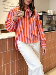 Plus Size New Vintage Colorblock Vertical Stripe Bowknot Loose Fit Long Sleeve Blouse, Flattering Commuter Versatile Top - Pinkish Orange - View 3