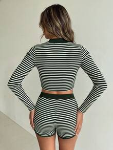 Women's Casual Striped 2 Pieces Set, Including Cardigan Collar Crop Top With Front Button Design And Tie Detail, Matching Shorts - Army Green - View 2