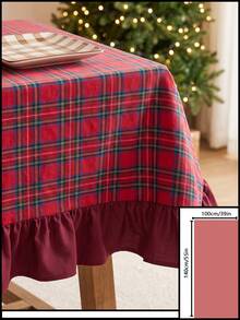 1pc Red Background Green & Black Plaid Tablecloth, Christmas Holiday Style Fabric Material, Rectangular With Scalloped Hem Design, Decorative Tablecloth For Christmas And Winter Home Decor - Red - View 18