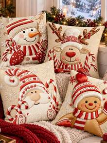 1pc Christmas Holiday Decor Square Pillow Case Cartoon Snowman Reindeer Santa Claus Gingerbread Man Design Without Pillow Insert - Multicolor - View 1