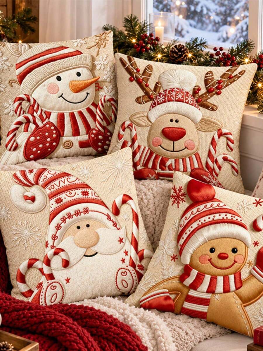 1pc Christmas Holiday Decor Square Pillow Case Cartoon Snowman Reindeer Santa Claus Gingerbread Man Design Without Pillow Insert - Multicolor - View 1
