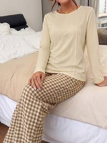 Minimalist Round Neck Solid Color Long Sleeve Top + Brown Plaid Wide Leg Pants 2 Pieces Set, Soft Skin-Friendly Women's Loungewear Pajama Set - Multicolor - View 4