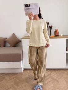 Minimalist Round Neck Solid Color Long Sleeve Top + Brown Plaid Wide Leg Pants 2 Pieces Set, Soft Skin-Friendly Women's Loungewear Pajama Set - Multicolor - View 3