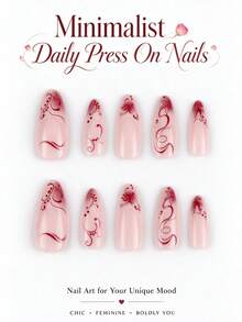 24Pcs Medium Almond Press On Nails, Fall Retro Burgundy Vines Graffiti Nails, Light Purple Nude Base, Cream‑White Gradient French Tip, For Thanksgiving Christmas Holiday Party & Dating - Watermelon Pink - View 2