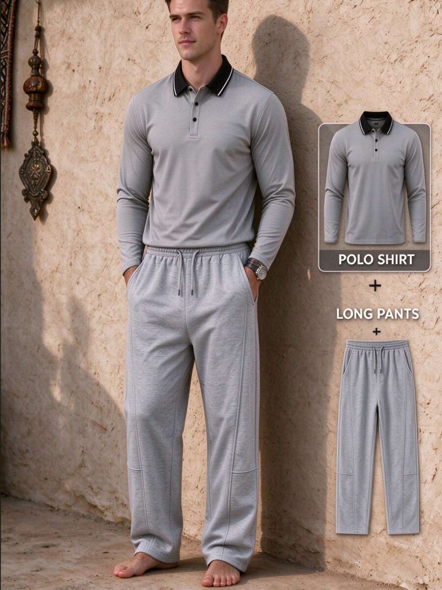 2pcs Core Style Men's Long Sleeve Polo Shirt & Wide Leg Pants Set, Casual Two Pieces Outfit, Suitable For All Seasons, Golf Scenarios, - Light Grey - View 1