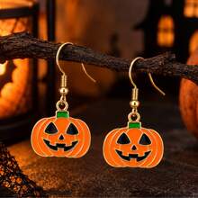 Halloween Cute Pumpkin Smiling Face Ear Hooks, Funny Orange Pumpkin Lantern Pendant, Holiday Party Earrings - Yellow - View 6