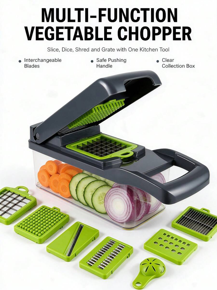 Multifunctional Vegetable Chopper 16-In-1 Set, Vegetable & Fruit Slicer, Food Grinder, Onion Chopper, Potato Dicer All-In-One, With Storage Container And Multiple Interchangeable Blades, Press-Down Operation For Fast Shredding, Slicing, And Dicing, Suitable For Onion, Potato, Carrot, Cucumber And Various Fruits & Vegetables, 14-Piece / 16-Piece Set Optional, Complete Blade Accessories, Essential Practical Kitchen Tool For Daily Meal Prep And Food Processing, Time-Saving And Effortless - View 1