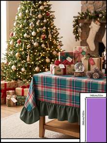 1pc Red & Green Plaid Pattern Tablecloth, Classic Traditional Style, Fabric Material, Rectangular With Ruffled Edge, Decorative & Protective For Home Long Table, Suitable For Christmas Holiday Celebration & Dining Scenes - Green - View 13