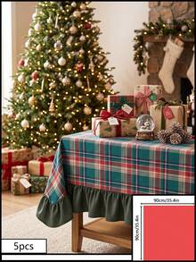 1pc Red & Green Plaid Pattern Tablecloth, Classic Traditional Style, Fabric Material, Rectangular With Ruffled Edge, Decorative & Protective For Home Long Table, Suitable For Christmas Holiday Celebration & Dining Scenes - Green - View 15