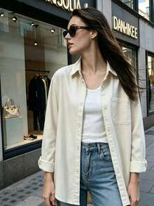 Women's Autumn Solid Color Pocket Front Button-Down Casual Shirt - Apricot - View 3