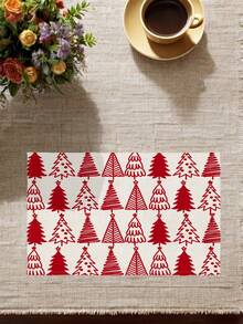 2/4/6Pcs Placemats, Heat Resistant Farmhouse Christmas Red Hand Drawn Pine Tree Pattern, Patio Round Table Holiday Party Kitchen Home Dining Table Tea Party Decor Mats - Red and White - View 1