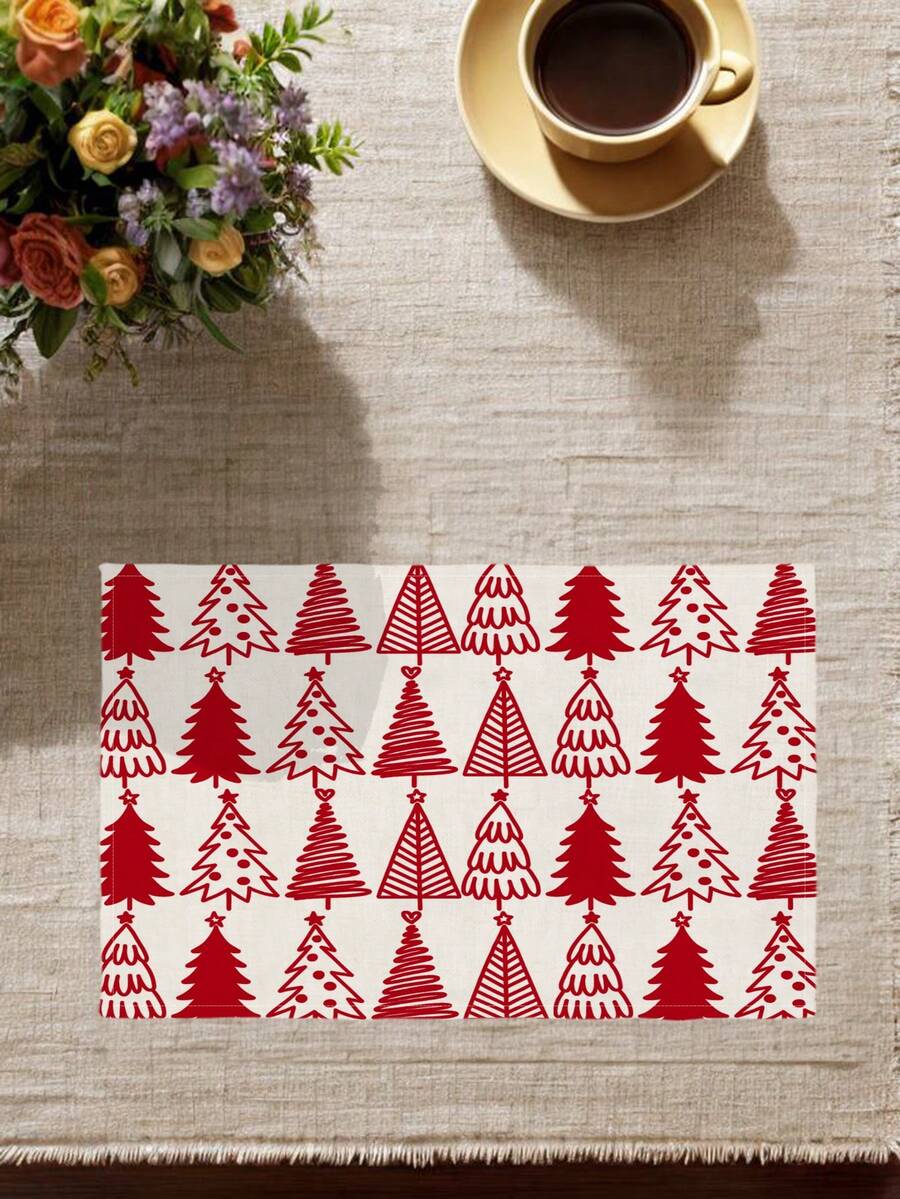 2/4/6Pcs Placemats, Heat Resistant Farmhouse Christmas Red Hand Drawn Pine Tree Pattern, Patio Round Table Holiday Party Kitchen Home Dining Table Tea Party Decor Mats - Red and White - View 1