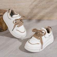 1 Pair Kids' White Sneakers, New Khaki Colorblock Skate Shoes, Boys' & Girls' Hook And Loop Soft Sole Casual Sports Shoes - Khaki - View 4