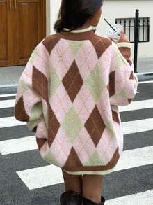 Women's Plus Size Diamond Quilted Half-Zip Sweater, Soft Fuzzy Small Stand Collar Long Sleeve Knit Top, Preppy Y2K Casual Loose Pullover For Autumn - Pinkish Brown - View 3