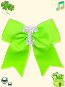 1pc Girls Bright Grosgrain Ribbon Bow Hair Clip, Pearl Rhinestone A-Z Alphabet Letter Decor Bow Hair Barrettes, Cute Girls Daily Hair Accessories - Lime Green - View 35