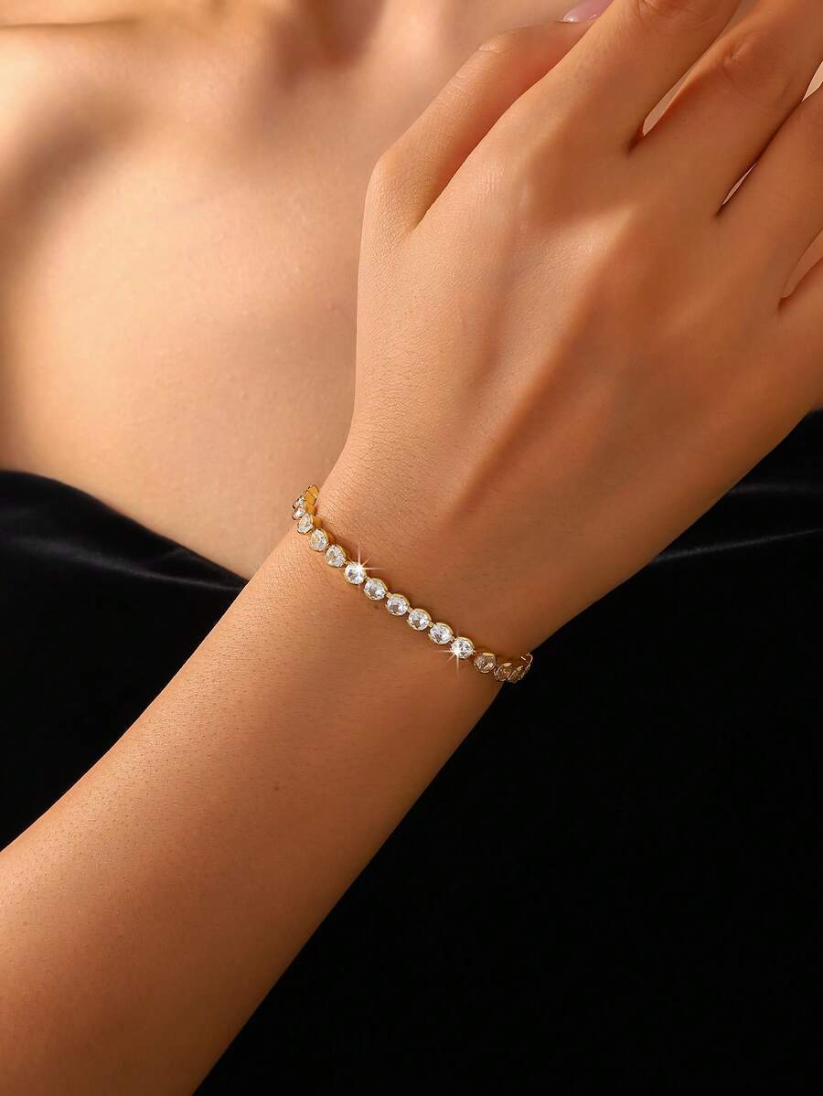 1pc Elegant Shiny Alloy Round Open Bangle Bracelet, Suitable For Women, Perfect For Evening Parties, Balls And Dates - Gold - View 1