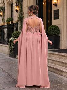 VIPGIRL Plus Size Women's Solid Color Cape And Floral Pattern Pleated Elegant Evening Gown Dress - Pink - View 2