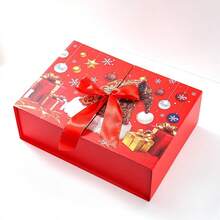 Flat-Style Double-Opening Folding Christmas Gift Box, Christmas Red Bow Top And Bottom Lid Gift Box, Christmas Eve Chocolate Packaging Empty Box, Holiday Gift-Giving Souvenir Box - Multicolor - View 11