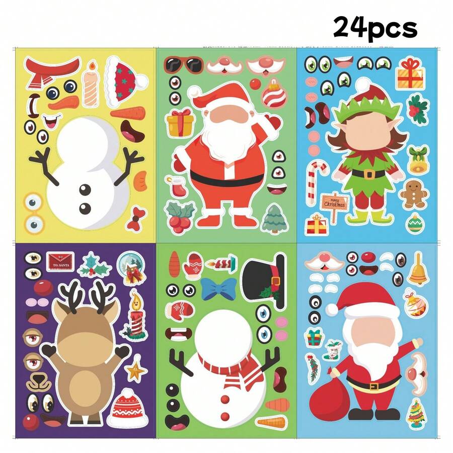24pcs Children's DIY Stickers, Christmas Character Face-Changing Design, Parent-Child Interactive Puzzle Toy, Brain Development, Holiday Party Gift, Gift Wrapping Stickers, Kindergarten Toy, Suitable For Tables, Notebooks, Balloons, Suitcases, Refrigerators, Etc. - Mixed Color - View 1