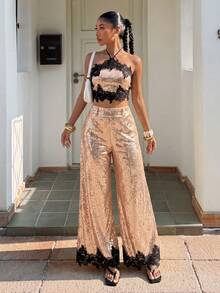 Women's Champagne Sequin 2-Piece Set Halter Neck Lace Trim Cropped Top + Wide Leg Pants, Suitable For Cocktail Party Summer Evening - Champagne - View 4