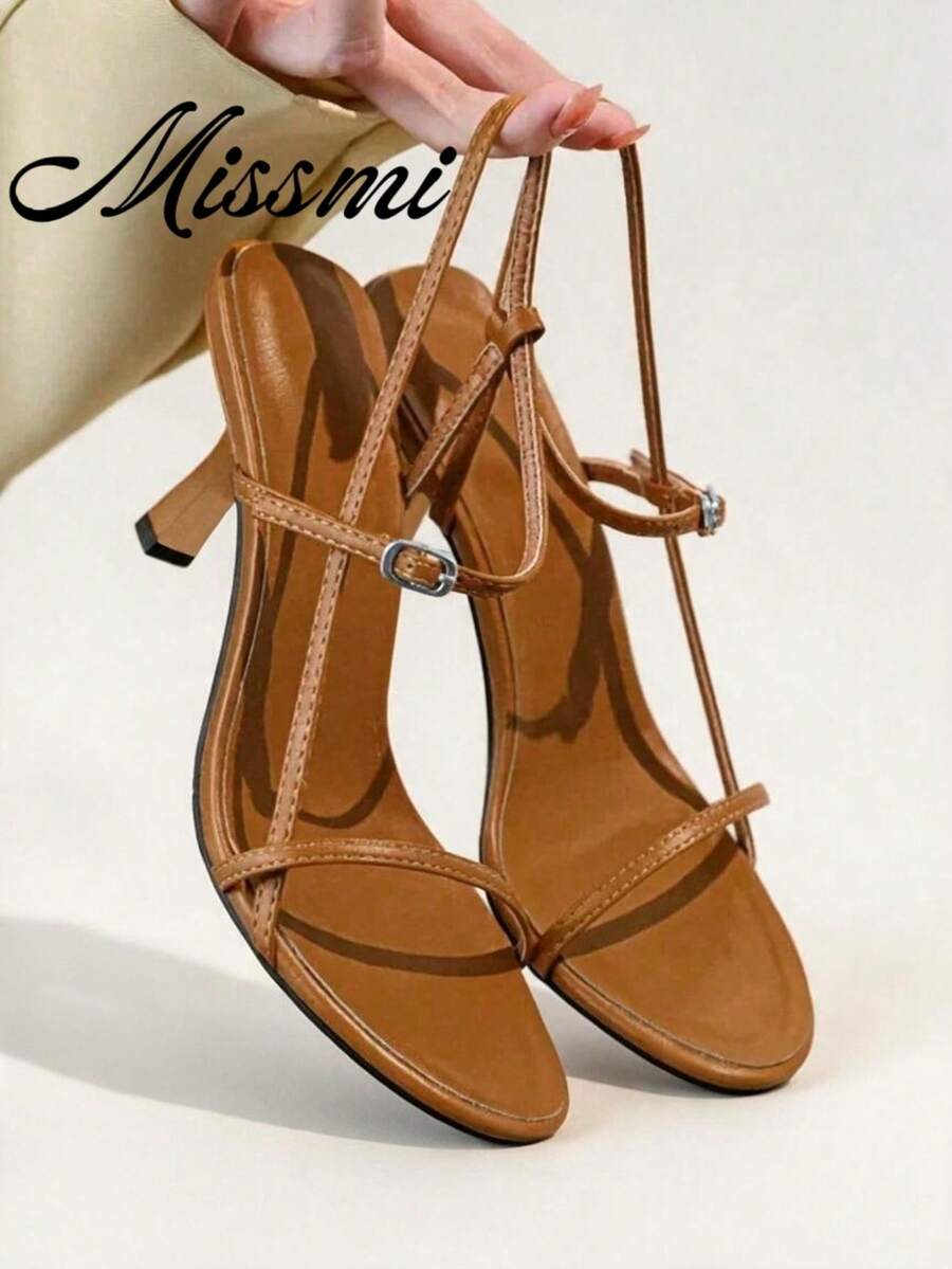 2026 Summer New Stilettos French Style Sandals, Women's One-Buckle Pointed Toe High Heel Shoes,Kitten Heels - Brown - View 1