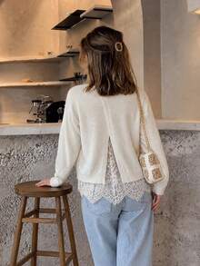 FOR BEAUTY Autumn/Winter Y2K Cream White Lace Trim Women's Sweater, Back Slit, Aesthetic Street Style Top - Off-white - View 3