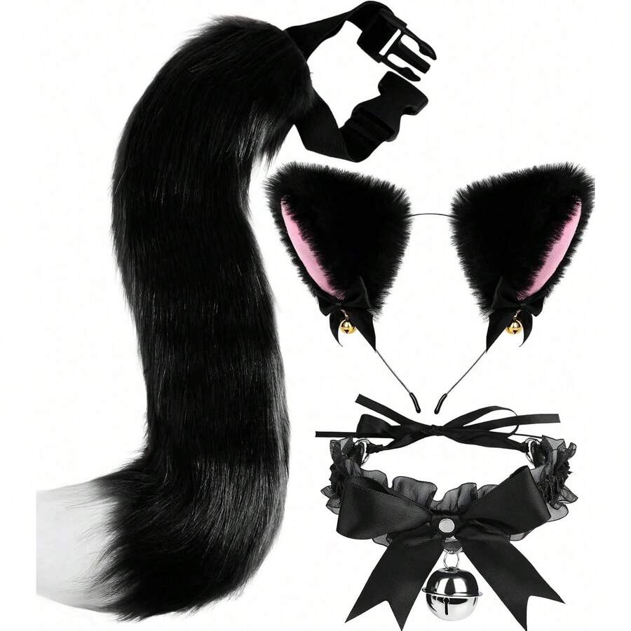 Cat Ears And Tail, Wolf Fox Ears Long Tail Bell Lace Collar Set, Halloween Animal Cosplay Party Costume - Multicolor - View 1