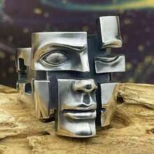 CIREY 1pc Vintage Personalized Design Split Personalized Mask Imitation Thai Silver Ring, Versatile Men's Ring Suitable For Daily Wear, Couple Style - Antique Silver - View 4