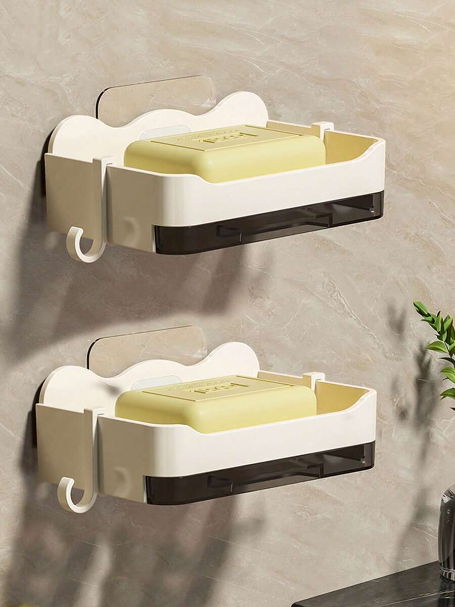 1/2pcs Wall Mounted Soap Holder, Plastic Material, No Tools Required For Installation. Its Minimalist And Elegant Design Makes It Suitable For Bathroom, Toilet And Kitchen. Equipped With Tray And Drainage Holes. - White - View 1