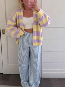 Women's Y2K Lavender & Pale Yellow Striped Cardigan, V-Neck, Dropped Shoulder, Long Sleeve, Vacation Style, Loose Casual Versatile For Autumn/Winter - Purple - View 2