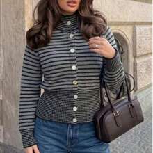 Fashion Plus Size Women's Striped Knit Cardigan, Long Sleeve Stand Collar Button Sweater, Autumn Essential Women's Clothing - Grey - View 7