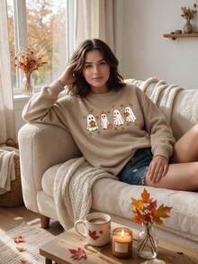 Plus Size Women Cute Ghost Pumpkin Maple Leaf Print Long Sleeve Faux Sweater, Women Halloween Costume, Women Autumn Outfit, Suitable For Halloween Street Daily Party - Camel - View 6