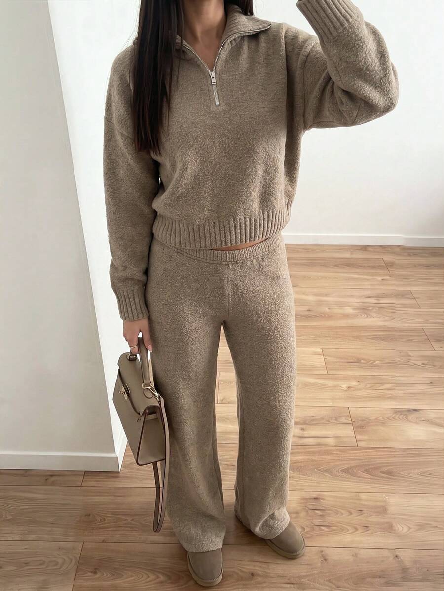 MORI Autumn/Winter Light Khaki Half-Zip Cropped Sweater & Pants 2 Pieces Set Women's Outfit For Coffee Date - Oat - View 1