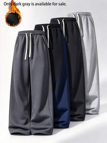 Men's Loose Fit Thermal Lined Wide Leg Sweatpants, Elastic Waist Drawstring Straight Leg Long Pants, Thickened Casual Pants With Pockets, Dark Gray For Autumn/Winter Daily Streetwear And Outdoor Wear - Dark Grey - View 1